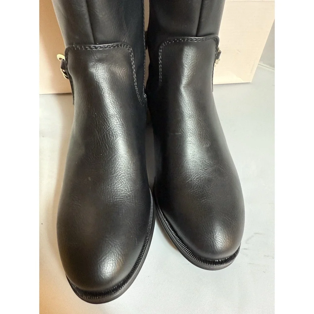 Just Fab Black Faux Leather Gamela Boots Knee High Gold Chain Women Size 5.5